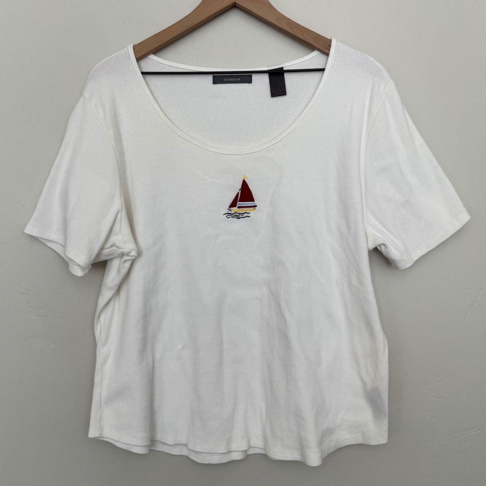 Liz Claiborne White Ribbed Sailboat Embroidered Top Nautical Coast Plus Size 1X